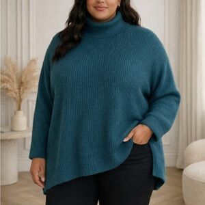 City Chic Alpine Green Ribbed High Low Turtleneck Sweater Plus
